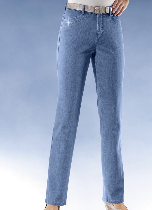 Hosen mit Knopf- und Reißverschluss - Komfortjeans verziert mit Strasssteinen in 6 Farben, in Größe 018 bis 054, in Farbe JEANSBLAU Ansicht 1