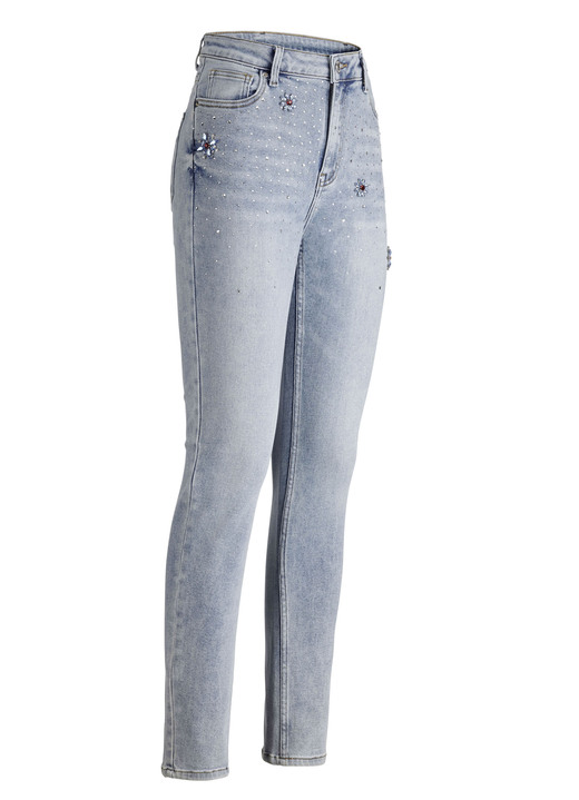 Hosen mit Knopf- und Reißverschluss - Jeans mit Strasszier und glänzenden Blütenmotiven, in Größe 017 bis 050, in Farbe HELLBLAU Ansicht 1