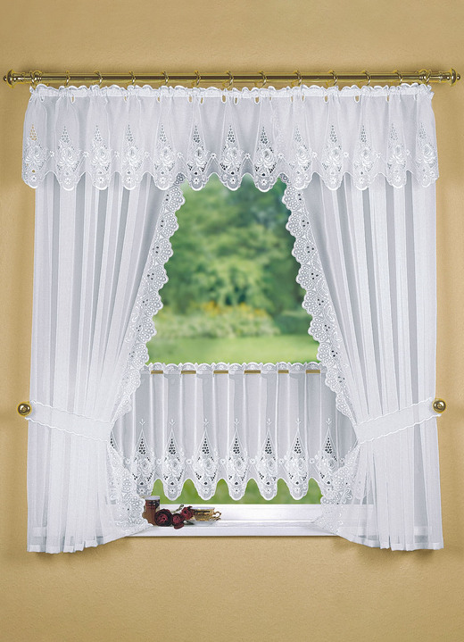 Kurzgardinen - Fensterdekoration mit aufwendiger Plauener Stickerei, in Größe 320 (Seitenschal-Garnitur, H100xB70 cm) bis 783 (Kurzstore, H44xB300 cm), in Farbe WEISS Ansicht 1