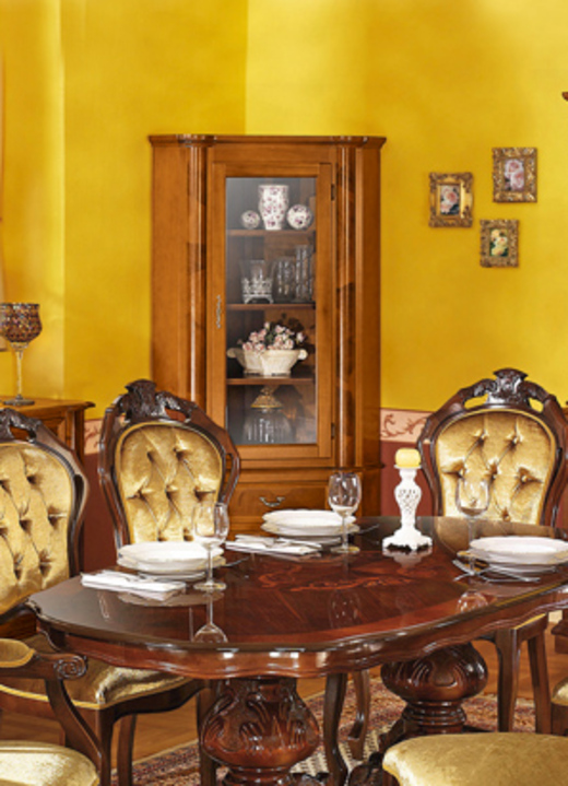 Möbel - Esszimmer-Möbel mit Wurzelholzfurnier, in Farbe KIRSCHBAUM, in Ausführung Eck-Vitrine Ansicht 1