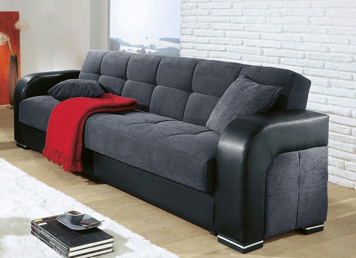 Schlafsofas - Funktions-Polstermöbel aus hochwertigem Kunstleder, in Farbe SCHWARZ-ANTHRAZIT, in Ausführung Dreisitzer Ansicht 1