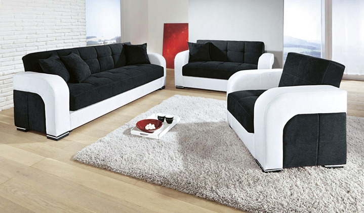 Schlafsofas - Funktions-Polstermöbel aus hochwertigem Kunstleder, in Farbe WEISS-SCHWARZ, in Ausführung Polstergruppe, 3-teilig Ansicht 1