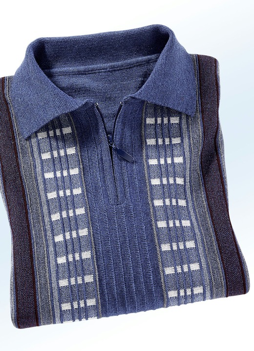 Gemustert - Faszinierender Polopullover mit kurzem Reißverschluss Gemustert - Faszinierender Polopullover mit kurzem Reißverschluss, in Größe 046 bis 062, in Farbe JEANSBLAU MELIERT