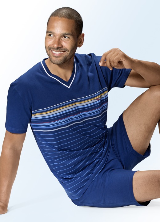 - Shorty mit V-Ausschnitt und Ringeldessin vorne, in Größe 046 bis 062, in Farbe INDIGO-BUNT
