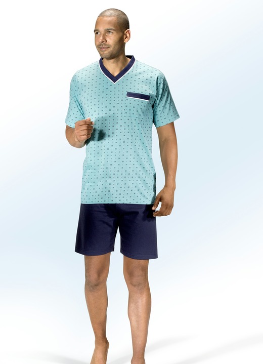 - Shorty mit V-Ausschnitt und Brusttasche, in Größe 048 bis 068, in Farbe MARINE-TÜRKIS