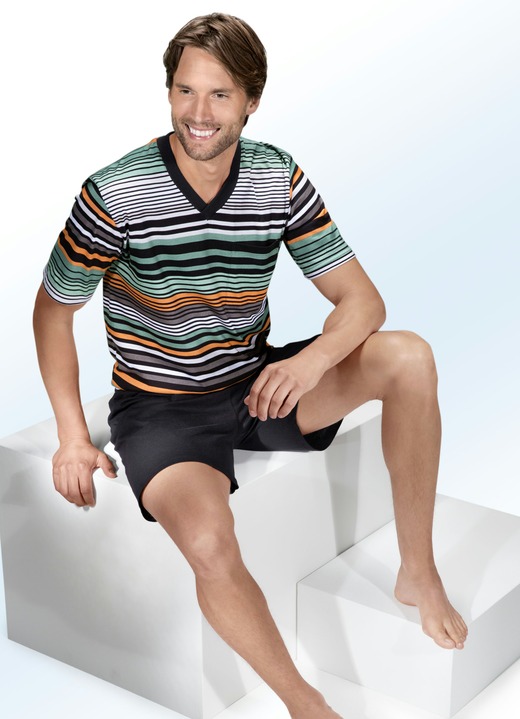 Wäsche - Shorty mit V-Ausschnitt, Brusttasche und Ringeldessin, in Größe 046 bis 060, in Farbe GRÜN-ORANGE-SCHWARZ Ansicht 1