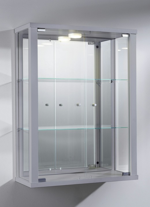 Möbel - Hängevitrine mit ESG-Sicherheitsglas, in Farbe ALU, in Ausführung mit LED-Beleuchtung und Spiegelrückwand Ansicht 1