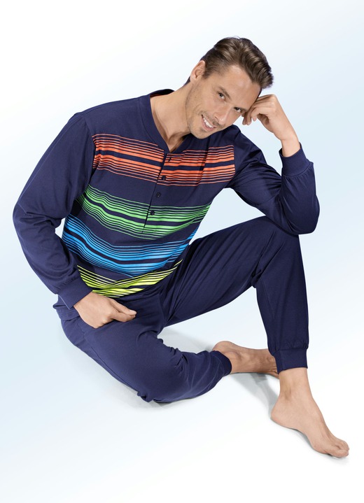 Schlafanzüge - Schlafanzug, langarm mit Knopfleiste, Ärmel- und Beinbündchen, in Größe 046 bis 062, in Farbe MARINE-BUNT
