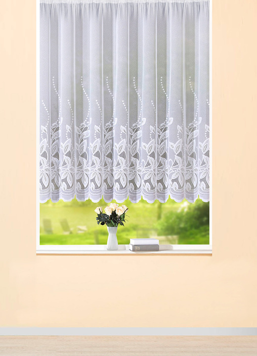 Klassisch - Blumenfenster-Store mit gebogtem Abschluss, in Größe 136 (H120xB250 cm) bis 174 (H160xB500 cm), in Farbe WEISS Ansicht 1