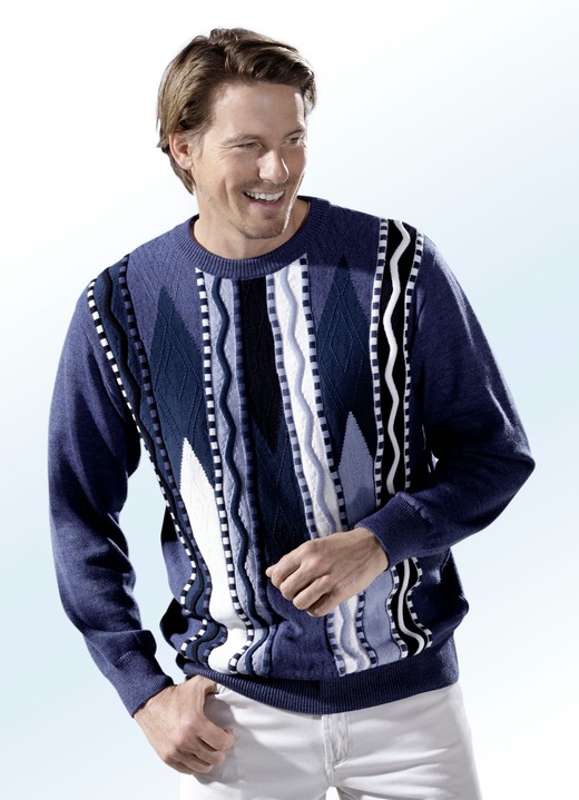 Gemustert - Pullover mit aufwendigem Intarsien-Dessin Gemustert - Pullover mit aufwendigem Intarsien-Dessin, in Größe 044 bis 062, in Farbe BLAU MELIERT-PETROL-WEISS-NACHTBLAU