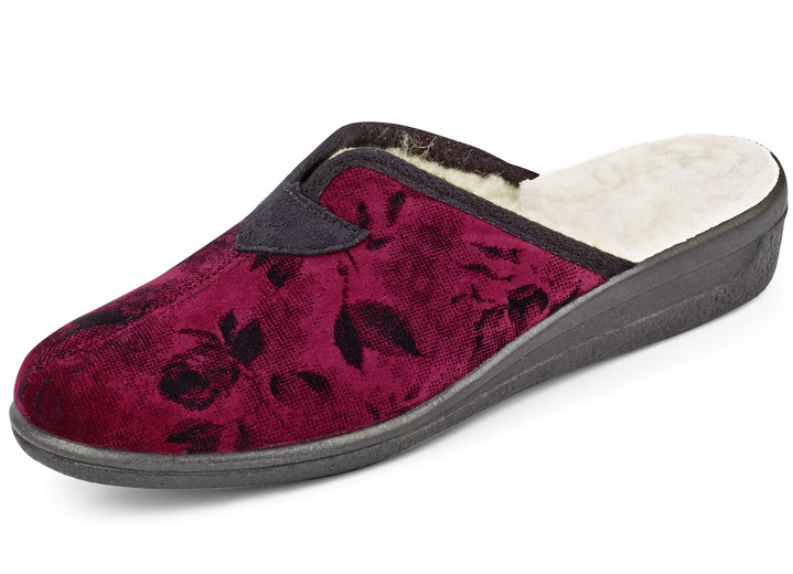 - Pantoffel aus floral bedrucktem Samt, in Größe 036 bis 042, in Farbe GRANATROT