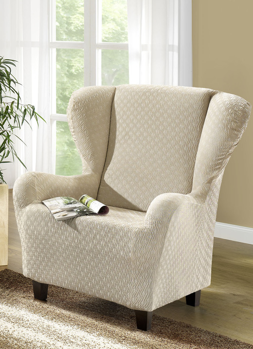 Sessel- & Sofaüberwürfe - Stretchbezüge mit schöner Strukturierung, in Größe 101 (Sesselbezug) bis 115 (Stuhlbezüge, 4er-Set), in Farbe CREME Ansicht 1