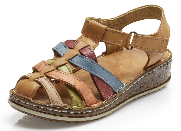 - Gemini Riemchen-Sandalette mit dezenter Knitter-Struktur, in Größe 036 bis 042, in Farbe COGNAC-BUNT