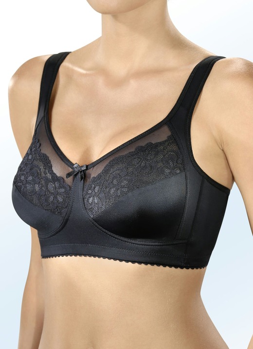 Damenwäsche - Formschöner BH mit Elastikspitze und -tüll in den Obercups, in Größe 080 bis 100, in Cup E, in Farbe SCHWARZ Ansicht 1