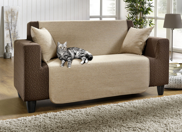Wohnaccessoires - Unempfindliche Sessel-,Couch- und Armlehnenschoner aus Chenille, in Größe 101 (Sesselschoner, 50x150 cm) bis 905 (2 Kissenbezüge, 40x 40 cm), in Farbe SAND Ansicht 1