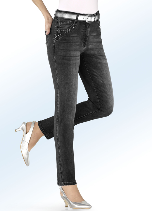 - 5-Pocket-Jeans mit Perlen- und Schmucksteinbesatz, in Größe 017 bis 092, in Farbe SCHWARZ Ansicht 1