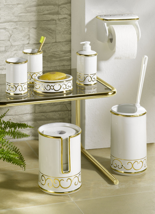 Badezimmeraccessoires - Handbemalte Badezimmeraccessoires aus glasierter Keramik, in Farbe CREME-GOLD, in Ausführung Seifenschale