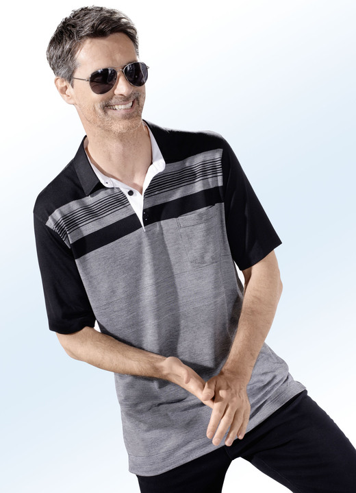Shirts & Sweatshirts - Poloshirt mit Seitenschlitzen, in Größe 046 bis 058, in Farbe GRAU-SCHWARZ