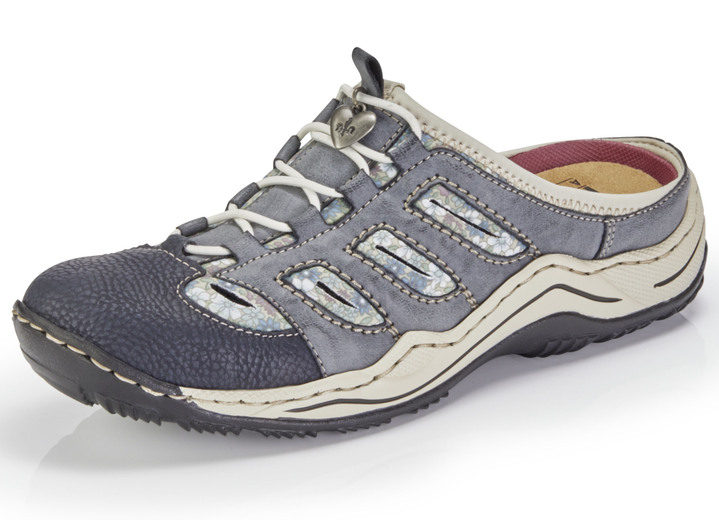 Sport- & Freizeitschuhe - Rieker, klassische Damen-Clogs, mit Elastik-Zierschnürung, in Größe 036 bis 043, in Farbe JEANS-BEIGE Ansicht 1