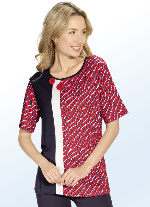 Shirts - Allover gemustertes Shirt mit Zierknöpfen, in Größe 038 bis 050, in Farbe ROT-MARINE-ECRU
