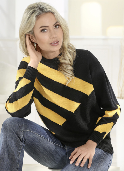 Langarm - Pullover mit Intarsienmuster Langarm - Pullover mit Intarsienmuster, in Größe 036 bis 052, in Farbe SCHWARZ-GELB