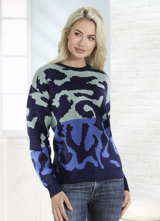 - Pullover in Jacquard-Dessin, in Größe L(44/46) bis XL(48/50), in Farbe MARINE-MINT-BLAU
