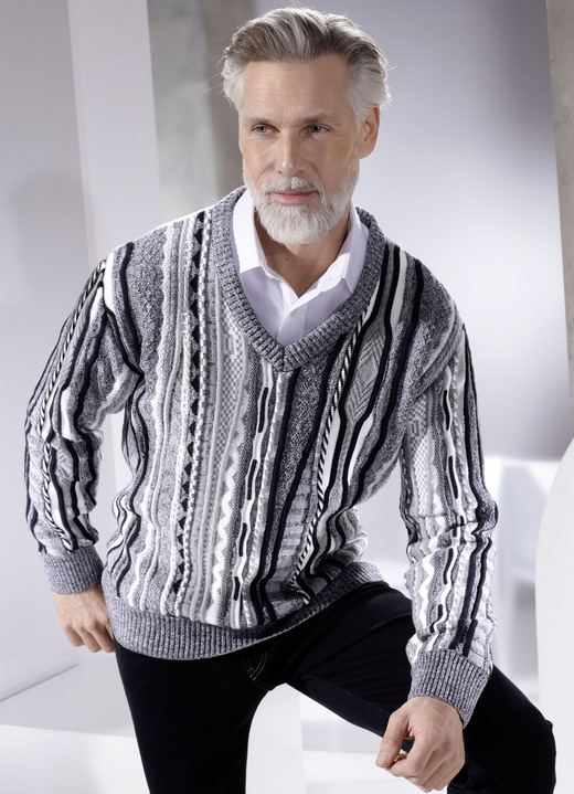 Pullover & Strickmode - Pullover mit V-Ausschnitt, in Größe 046 bis 062, in Farbe GRAU MELIERT-WEISS-SCHWARZ