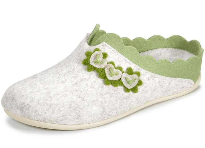 - Laurina Filz-Pantoffel mit pfifiger Applikation, in Größe 036 bis 042, in Farbe ECRU-GRÜN