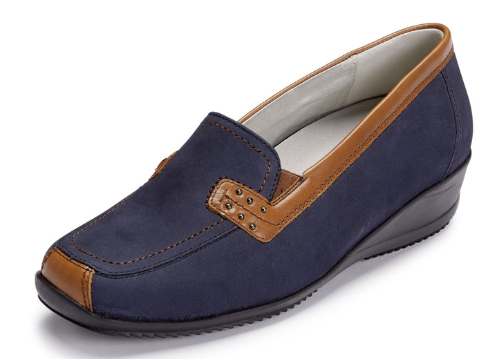 Slipper & Schnürschuhe - Waldläufer, bequeme Damen-Slipper, Weite H, mit herausnehmbarem Fußbett, in Größe 3 1/2 bis 8, in Farbe MARINE-COGNAC Ansicht 1