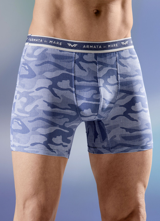 Herrenwäsche - Viererpack Pants mit Elastikbund, in Größe 004 bis 009, in Farbe 2X JEANSBLAU-WEISS, 2X UNI JEANSBLAU