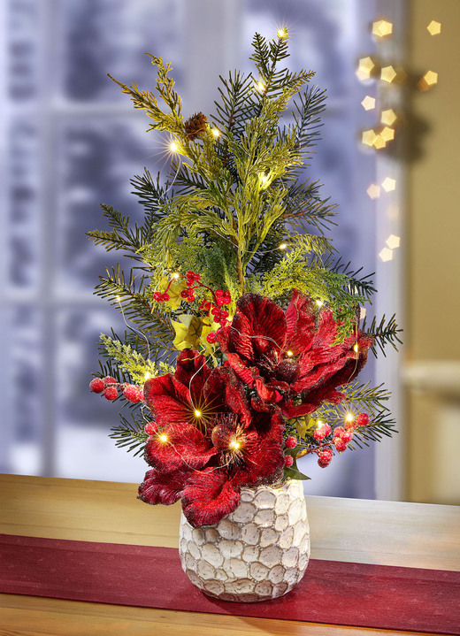 Weihnachten - Beleuchtetes Poinsettia-Gesteck, in Farbe GRÜN-ROT