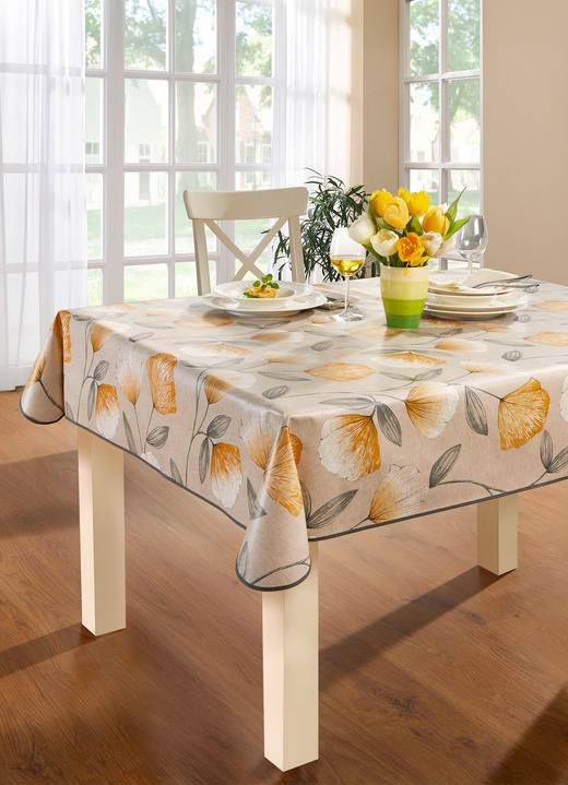 Gartentischdecken - Wachstuch-Tischdecke mit Ginkgo-Motiven, in Größe 108 (Tischdecke, 80/ 80 cm) bis 190 (Tischdecke oval, 140/190 cm), in Farbe TERRA Ansicht 1