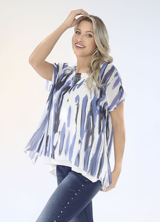 Shirts - Doppellagiges Shirt mit silberfarbenen Plättchen, in Größe 034 bis 038, in Farbe WEISS-BLAU-SCHWARZ Ansicht 1