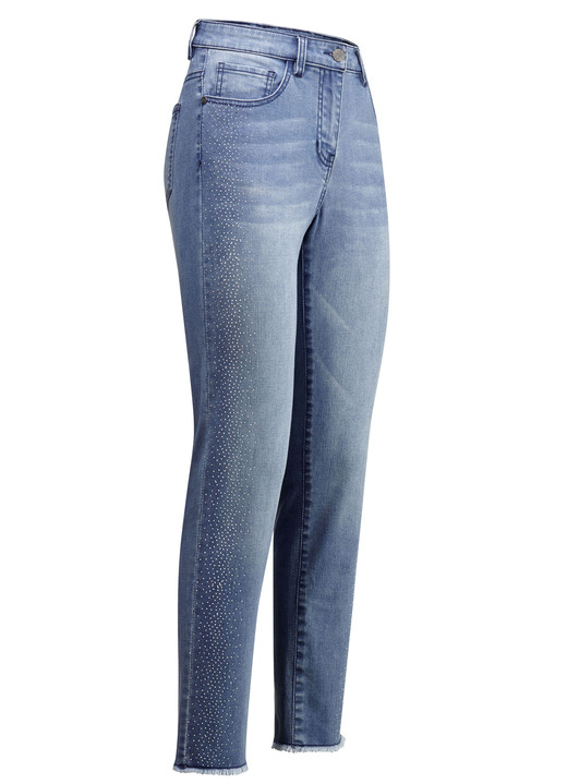 Hosen - Edel-Jeans mit tollen Glitzersteinchen und Fransensaum, in Größe 017 bis 050, in Farbe HELLBLAU Ansicht 1