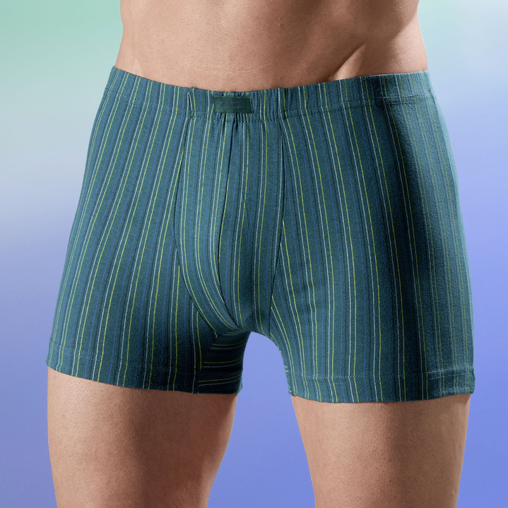 Pants & Boxershorts - Viererpack Pants mit Dehnbund, in Größe L bis XXL, in Farbe 1x DUNKELGRUEN GESTREIFT, 1x GRAU GESTREIFT, 1x UNI MARINE, 1x UNI SCHWARZ
