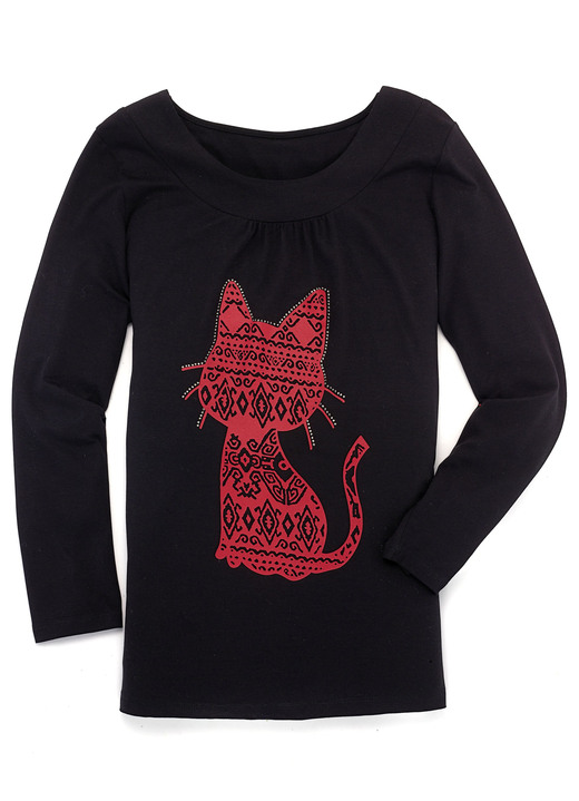 Shirts - Shirt mit Katzen-Motiv in 2 Farben, in Größe 038 bis 054, in Farbe SCHWARZ