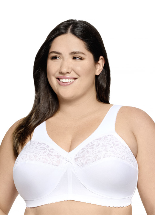 BH ohne Formbügel - Glamorise Stütz-BH mit Stickereispitze, in Größe 080 bis 130, in Cup J, in Farbe WEISS Ansicht 1