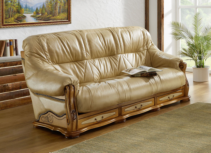 Polstergruppen - Italienische Polstermöbel mit Bezug aus echtem Leder, in Farbe CREME, in Ausführung Dreisitzer Ansicht 1