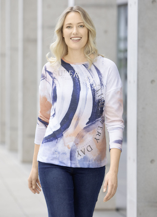 Shirts - Einzigartiges Shirt mit Glanzdruck, in Größe 036 bis 052, in Farbe ECRU-MARINE-APRICOT