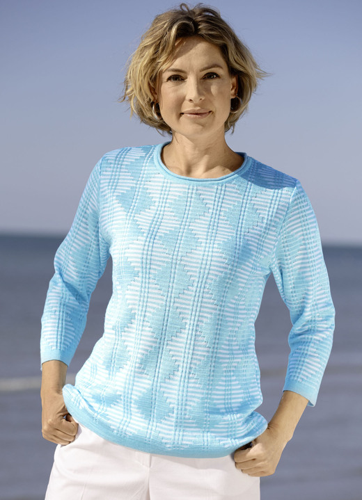 Pullover - Pullover mit dezentem Glanz, in Größe 038 bis 054, in Farbe HELLBLAU-WEISS
