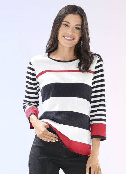 3/4-Arm - Pullover mit weichem Griff 3/4-Arm - Pullover mit weichem Griff, in Größe 036 bis 052, in Farbe ECRU-SCHWARZ-ROT