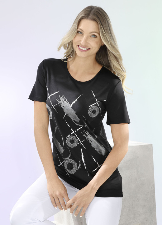Shirts mit Strass - Shirt mit silberfarbenem Kontrast-Druck, in Größe 036 bis 052, in Farbe SCHWARZ Ansicht 1