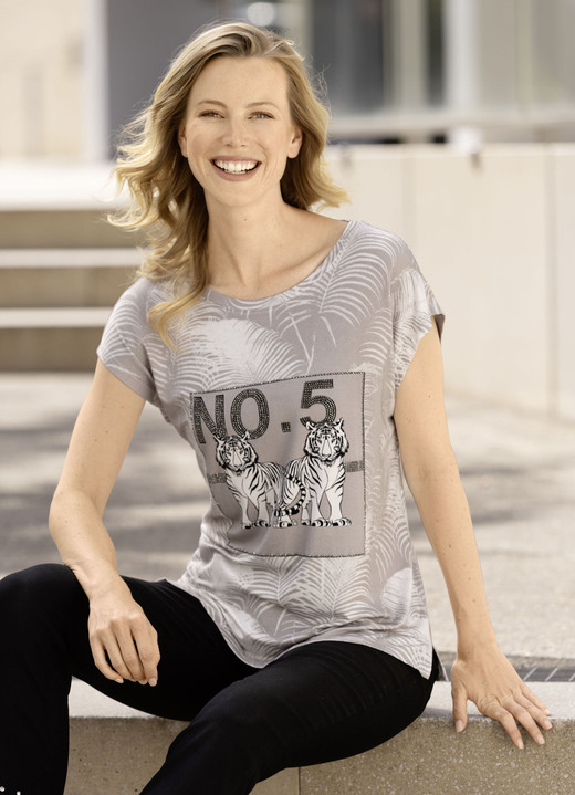 Shirts mit Strass - Shirt mit Tiermotiv, in Größe 036 bis 052, in Farbe WEISS-TAUPE