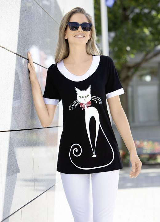 Longshirts - Longshirt mit Katzen-Motiv, in Größe 038 bis 054, in Farbe SCHWARZ