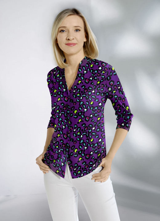 3/4-Arm - Shirtbluse mit Stehkragen, in Größe 036 bis 052, in Farbe LILA-TÜRKIS-BUNT