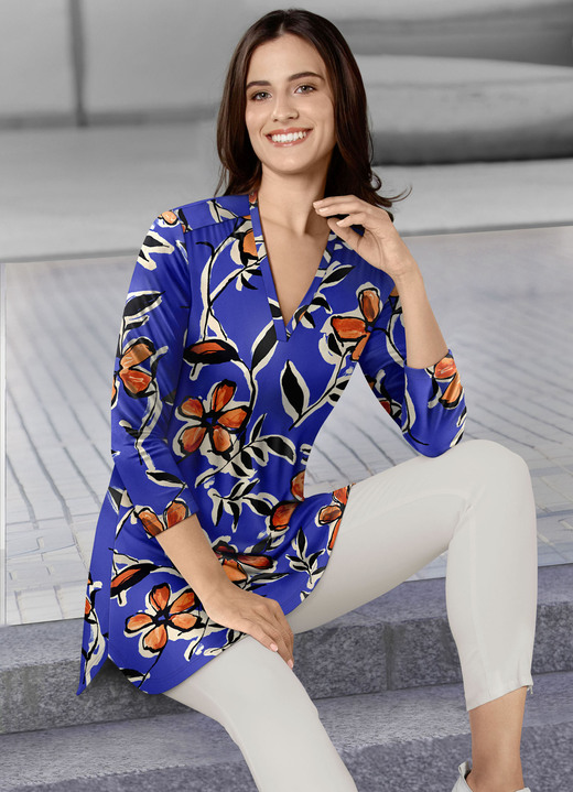 Tuniken - Shirt-Tunika mit Inkjet-Druck, in Größe 036 bis 054, in Farbe INDIGOBLAU-BUNT
