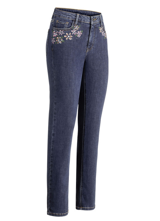 Hosen mit Knopf- und Reißverschluss - Jeans mit handbemalten, floralen Motiven Hosen mit Knopf- und Reißverschluss - Jeans mit handbemalten, floralen Motiven, in Größe 017 bis 052, in Farbe DUNKELBLAU