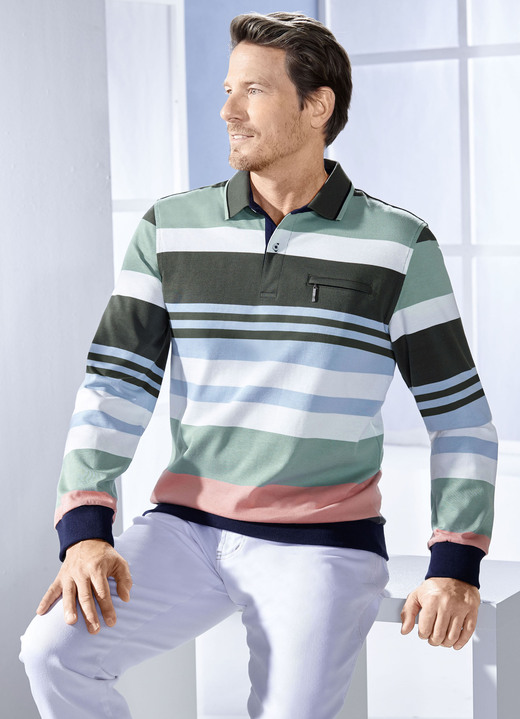 Sweatshirts - Poloshirt mit Reißverschluss-Brusttasche Sweatshirts - Poloshirt mit Reißverschluss-Brusttasche, in Größe 046 bis 062, in Farbe HELLBLAU-GRÜN-ECRU