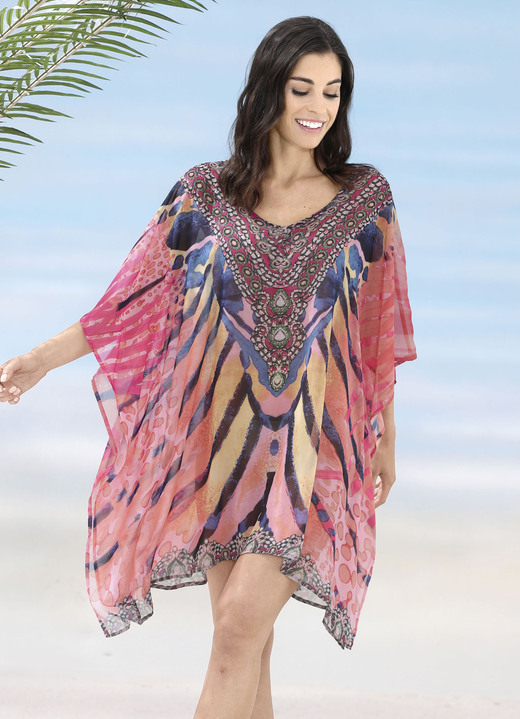 Strandkleider - Laurina Tunika mit Schmucksteinchen, leicht transparent, in Größe 1 (36-42) bis 3 (50-54), in Farbe KORALLE-BUNT Ansicht 1
