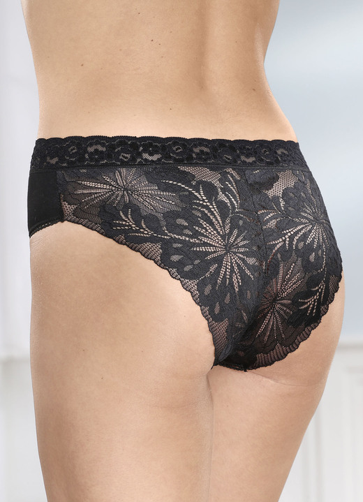 Dessous - Dreierpack Slips mit Rückteil aus floraler Elastikspitze, in Größe 036 bis 048, in Farbe SCHWARZ Ansicht 1